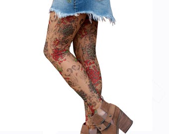 May include: Tights with a floral pattern in shades of red, green, and brown. The tights are worn with a denim skirt and brown ankle boots.