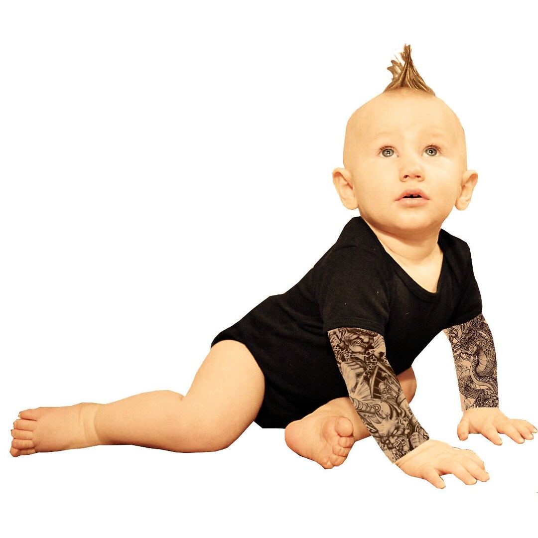 Wild Rose Baby Boy Tattoo Sleeve Bodysuit - Grim Reaper Frankenstein Design In White