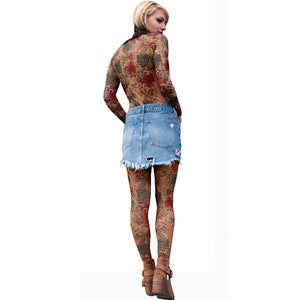 Wild Rose Ladies Chrysanthemum Irezumi Flowers Mesh Tattoo Shirt, Tan