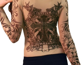 Camiseta Wild Rose Flamenco Pure Faith com estampa tribal de cruz rosa em tela, cor bege
