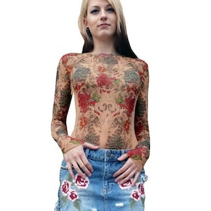 Wild Rose Ladies Chrysanthemum Irezumi Flowers Mesh Tattoo Shirt, Tan