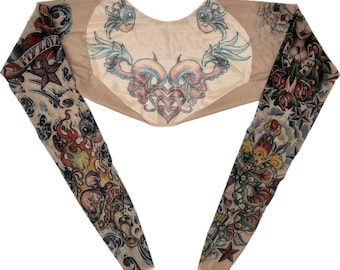 Wild Rose Ladies Lucky Tattoo Mesh Shrug, Cowgirl Star Sparrow Cobra Roses My Love Sacred Pain Sleeve Artwork
