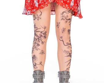 Wild Rose Ladies Grey Birds Sparrow Japanese Greywork Tattoo Leggings