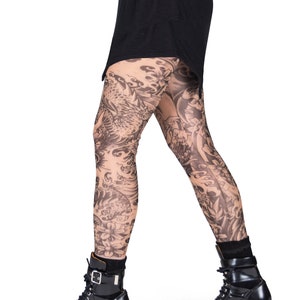 Wild Rose Ladies Dragon Blackwork Irezumi Tattoo Leggings, Tan