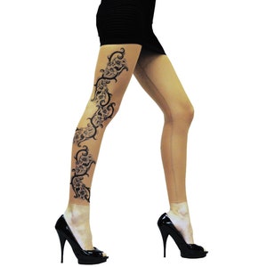 Wild Rose Ladies BLACK LILY Floral Tribal Art Tattoo Leggings, Tan