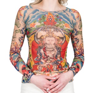 Wild Rose Ladies PRAYER Mesh Tattoo Shirt - Japanese Temple Lotus Koi Artwork - Blue/Tan