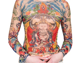 Wild Rose Ladies PRAYER Mesh Tattoo Shirt - Japanese Temple Lotus Koi Artwork - Blue/Tan
