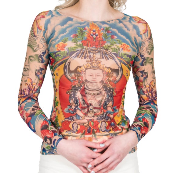 Wild Rose Ladies PRAYER Mesh Tattoo Shirt - Japanese Temple Lotus Koi Artwork - Blue/Tan