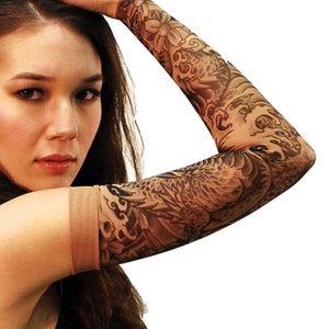 Wild Rose Unisex DRAGON Serpents Black Water Single Tattoo Sleeve, Tan