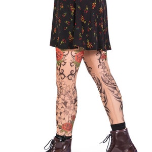 Wild Rose Ladies Flamenco Tattoo Mesh Leggings – Tan, X-Large, Sheer With Lace Waistband - View #9
