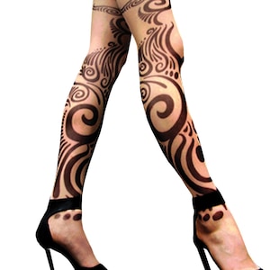 Wild Rose Marimba Blackwork Tattoo Leggings, Tan