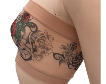Top tomara que caia Wild Rose Ladies Tattoo Mesh, tribal Flamenco Red Rose, bege