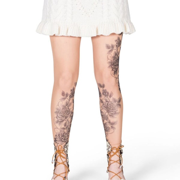 Wild Rose GREY ROSES (Floral Greywork) Tattoo Leggings