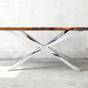 Polished Stainless Steel Finish Spider Table Legs, Heavy Duty Cross Dining Table Base, Modern Metal Table Legs for Glass Wood Top, 1500 lb