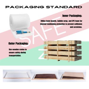 Puede incluir: Imagen que detalla los est&aacute;ndares de embalaje, incluyendo m&eacute;todos de embalaje interno y externo. El embalaje interno utiliza tableros de espuma, pl&aacute;stico de burbujas y espuma EPE. El embalaje externo utiliza cajas de madera. El texto dice "PACKAGING STANDARD".