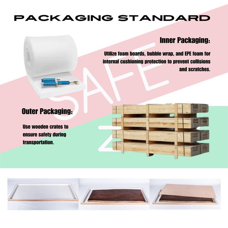 Puede incluir: Imagen que detalla los est&aacute;ndares de embalaje, incluyendo m&eacute;todos de embalaje interno y externo. El embalaje interno utiliza tableros de espuma, pl&aacute;stico de burbujas y espuma EPE. El embalaje externo utiliza cajas de madera. El texto dice "PACKAGING STANDARD".