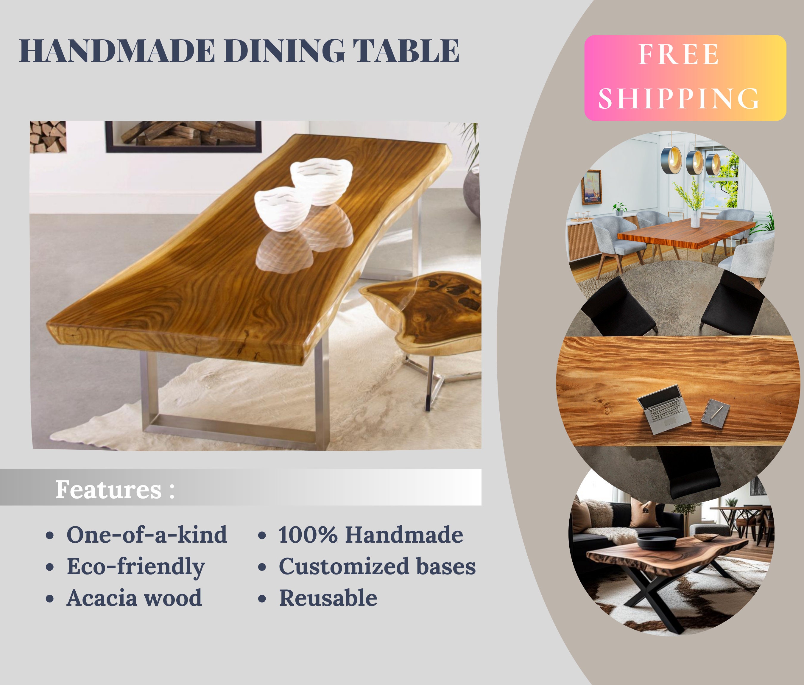 Live Edge Dining Table, Wooden Dining Table, Live Edge Slabs, Acacia