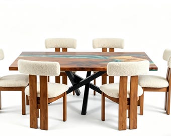 即日発送可能。椅子無料！オーシャンブルーエポキシ樹脂ダイニングテーブル：アカシア材リバーテーブル、スパイダーベース（6フィート）