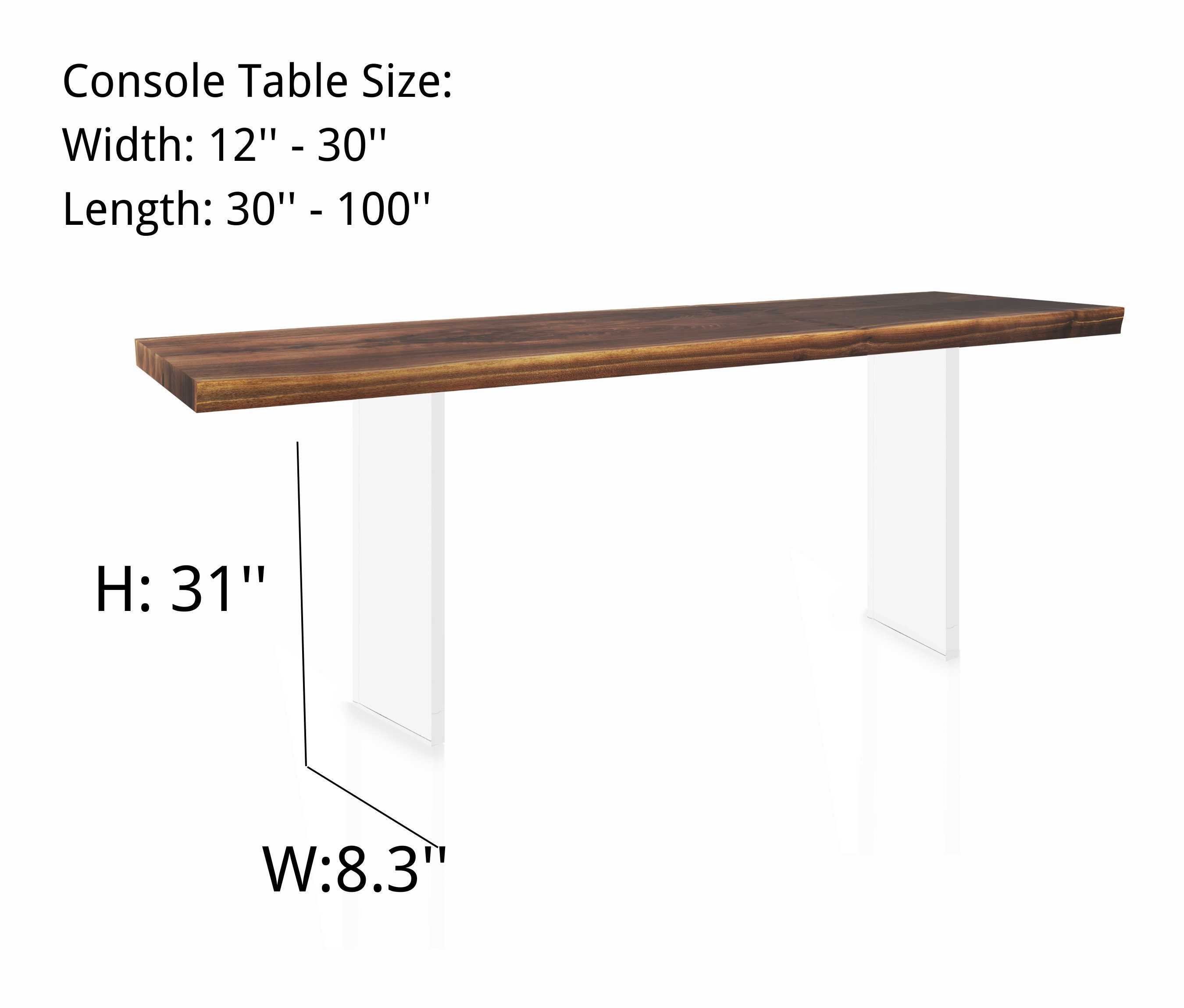 Floating Solid Wood Console Table With Clear Lucite Legs, Modern Living Room Furniture, Acacia