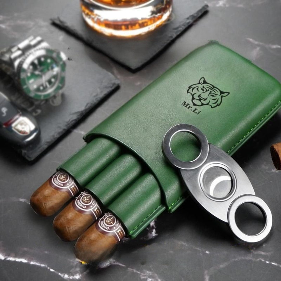 Personalized Leather Cigar Case, 3 Tubes Luxury Cigar Case With Cutter