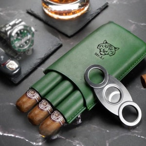 Personalized Leather Cigar Case, 3 Tubes Luxury Cigar Case with Cutter, Custom Cigar Cover, Cigar Case, Gift for Father, Gift for him