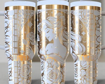 Belle Rose Garden Stained Glass Portrait Tumbler | Laser-Engraved 40 oz Stainless Steel H2O Tumbler