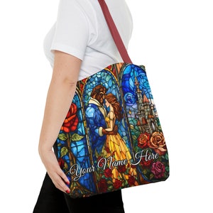 Personalized Beauty and the Beast Stained Glass Tote, Book Bag Gift, Belle Gift for Her, Bookish Gifts, Book Lover Gift, Cute Tote Bag image 1