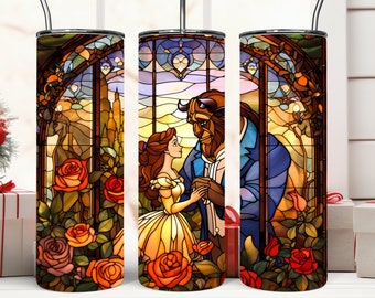 Beauty and the Beast Stained Glass Tumbler with Straw: Personalized Princess Decor