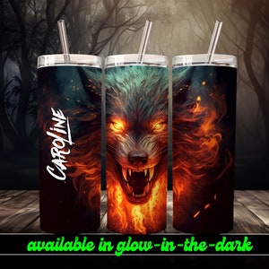 Fire Wolf Personalized Halloween Glow Tumbler with Straw Big Glow in the Dark Halloween Tumbler Halloween 2023 image 1