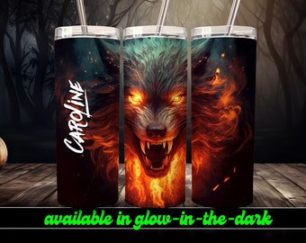 Fire Wolf Personalized Halloween Glow Tumbler with Straw - Big Glow in the Dark Halloween Tumbler | Halloween 2023