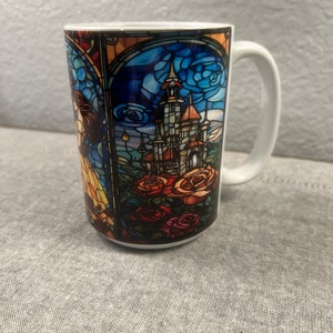 Beauty and the Beast Stained Glass 15 Oz Coffe Mug Bookish Rose Mug Gift for her coffee cup Unique Mothers Day Gift image 6