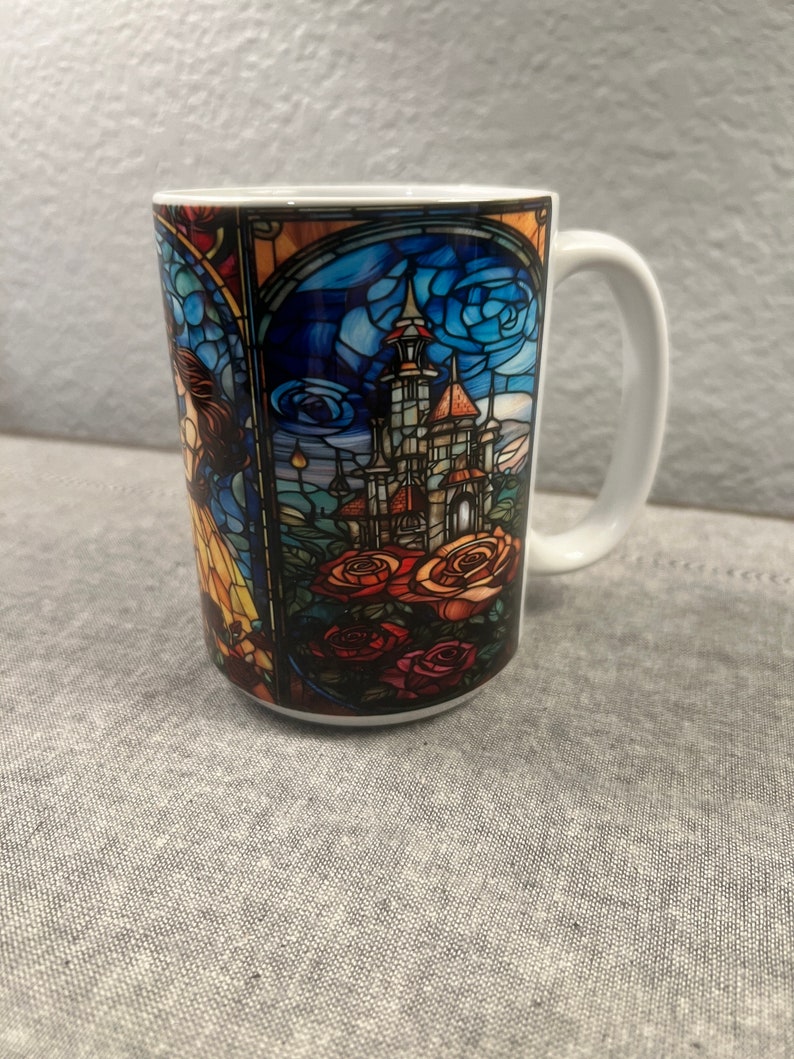 Beauty and the Beast Stained Glass 15 Oz Coffe Mug Bookish Rose Mug Gift for her coffee cup Unique Mothers Day Gift image 6