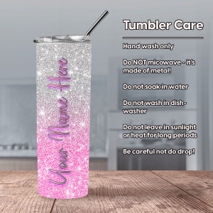 Pink and Silver Personalized Hombre Glitter Tumbler 20oz Skinny Tumbler Gift for Her Customized Tumbler with Straw image 8