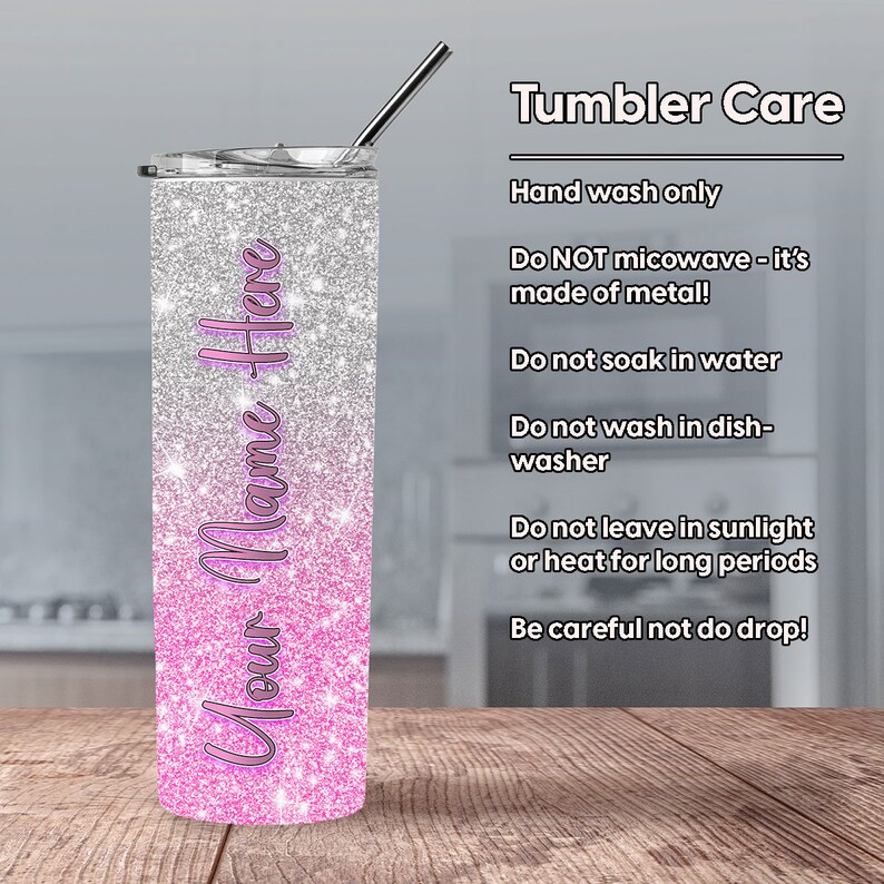 Pink and Silver Personalized Hombre Glitter Tumbler 20oz Skinny Tumbler Gift for Her Customized Tumbler with Straw image 8