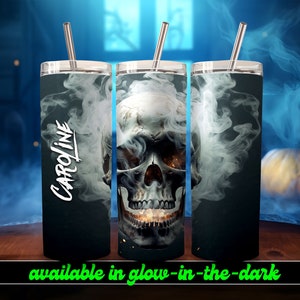 Smoking Skull Personalized Halloween Glow Tumbler with Straw Big Glow in the Dark Halloween Tumbler Halloween 2023 image 5