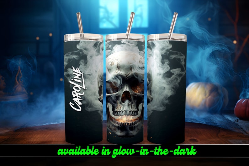 Smoking Skull Personalized Halloween Glow Tumbler with Straw Big Glow in the Dark Halloween Tumbler Halloween 2023 image 5