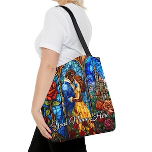 Personalized Beauty and the Beast Stained Glass Tote, Book Bag Gift, Belle Gift for Her, Bookish Gifts, Book Lover Gift, Cute Tote Bag image 3