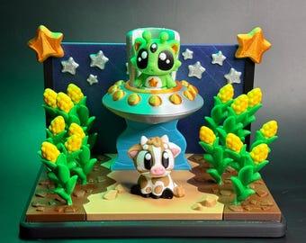 Alien Cat Abduction Play Set Diorama | Articulated Flexi Cat and Cow Desk Pet