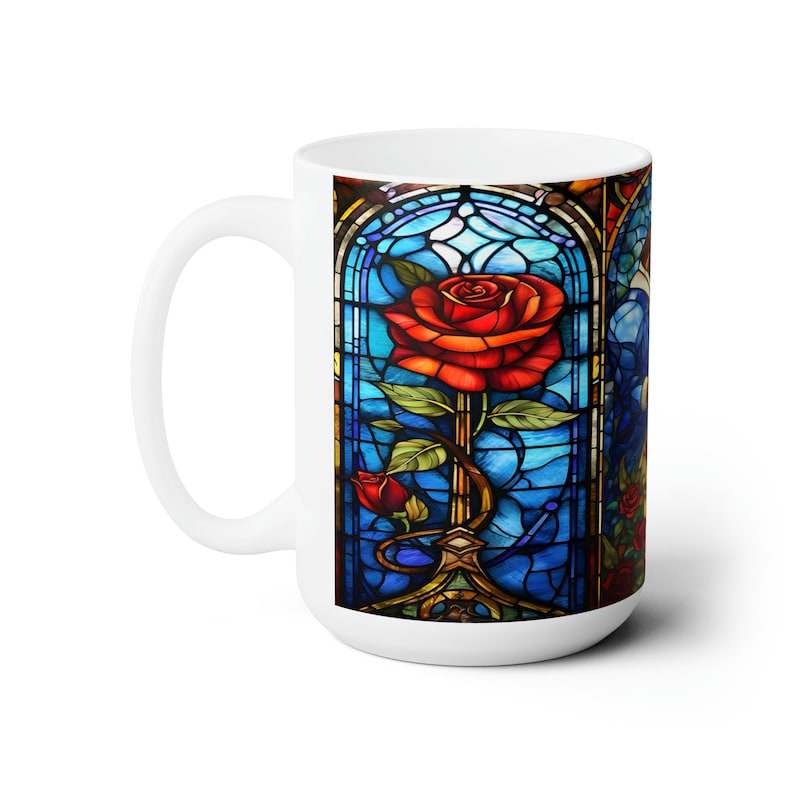 Beauty and the Beast Stained Glass 15 Oz Coffe Mug Bookish Rose Mug Gift for her coffee cup Unique Mothers Day Gift image 2