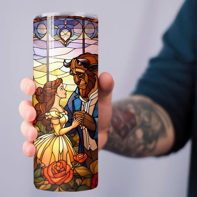 Beauty and the Beast Stained Glass Tumbler with Straw Princess Tumbler Beauty Beast Decor Personalized Belle and Beast Tumbler image 9