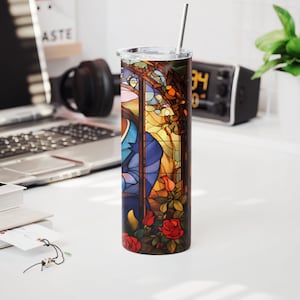 Beauty and the Beast Stained Glass Tumbler with Straw Princess Tumbler Beauty Beast Decor Personalized Belle and Beast Tumbler image 6