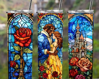 Beauty and the Beast Stained Glass Tumbler with Straw v2 | Princess Tumbler | Beauty Beast Decor | Personalized Belle and Beast Tumbler