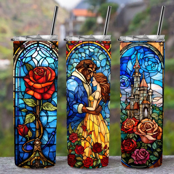 Personalized Beauty and the Beast Stained Glass Tumbler with Straw | Princess Tumbler | Beauty Beast Decor| Belle and Beast Tumbler
