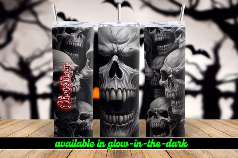 Vampire Skull Personalized Halloween Glow Tumbler with Straw Big Glow in the Dark Halloween Tumbler Halloween 2023 imagem 10