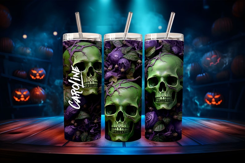 The Skulls Personalized Halloween Glow Tumbler with Straw Big Glow in the Dark Halloween Tumbler Halloween 2023 image 5