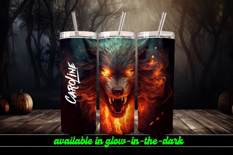 Fire Wolf Personalized Halloween Glow Tumbler with Straw Big Glow in the Dark Halloween Tumbler Halloween 2023 imagem 1