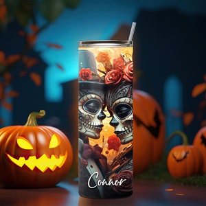 Sugar Skull Couple Personalized Halloween Glow Tumbler with Straw Big Glow in the Dark Halloween Tumbler Halloween 2023 image 3