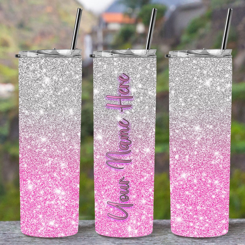 Pink and Silver Personalized Hombre Glitter Tumbler 20oz Skinny Tumbler Gift for Her Customized Tumbler with Straw image 1