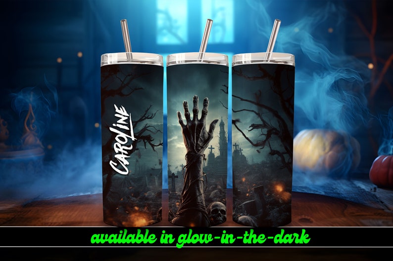 Zombie Arm Personalized Halloween Glow Tumbler with Straw Big Glow in the Dark Halloween Tumbler Halloween 2023 zdjęcie 7