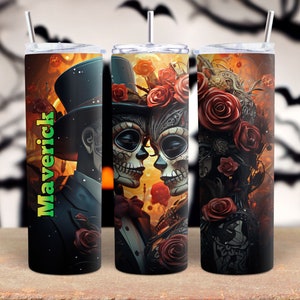 Sugar Skull Couple Personalized Halloween Glow Tumbler with Straw Big Glow in the Dark Halloween Tumbler Halloween 2023 image 9